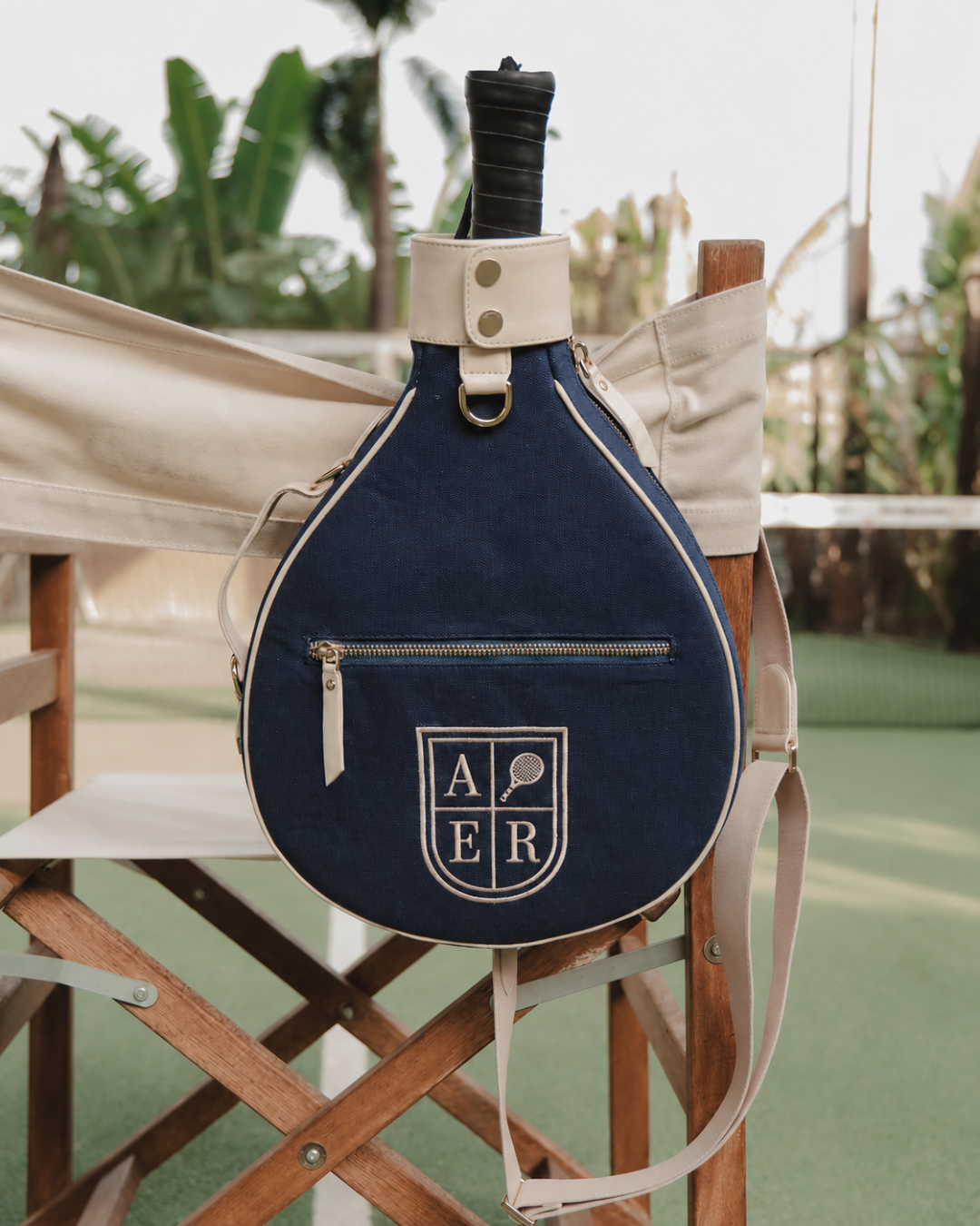 Blue Canvas & White Leather Padel Racket Cover